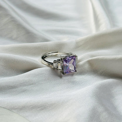 Light Amethyst Cubic Zircon Ice Cut Stone American Diamond Silver Plated Adjustable Ring
