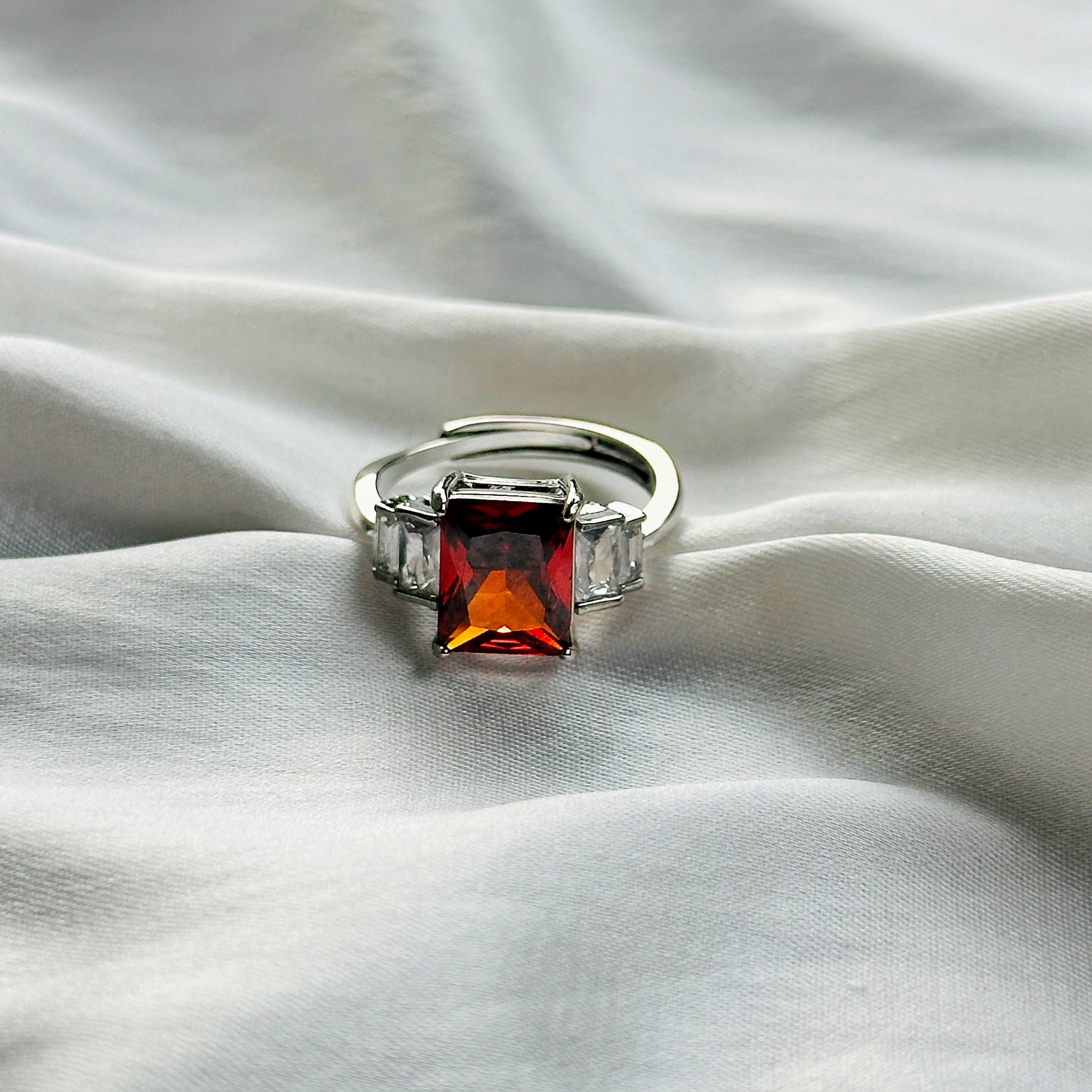 Red Ruby Cubic Zircon Ice Cut Stone American Diamond Silver Plated Adjustable Ring