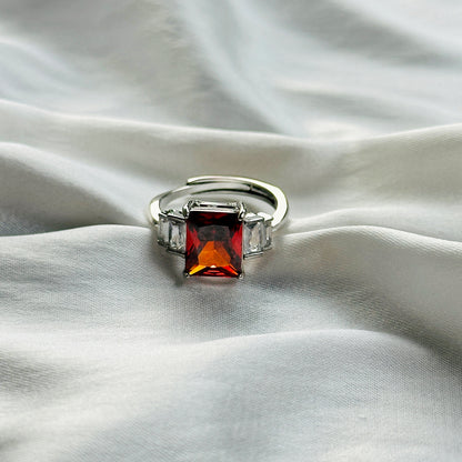 Red Ruby Cubic Zircon Ice Cut Stone American Diamond Silver Plated Adjustable Ring