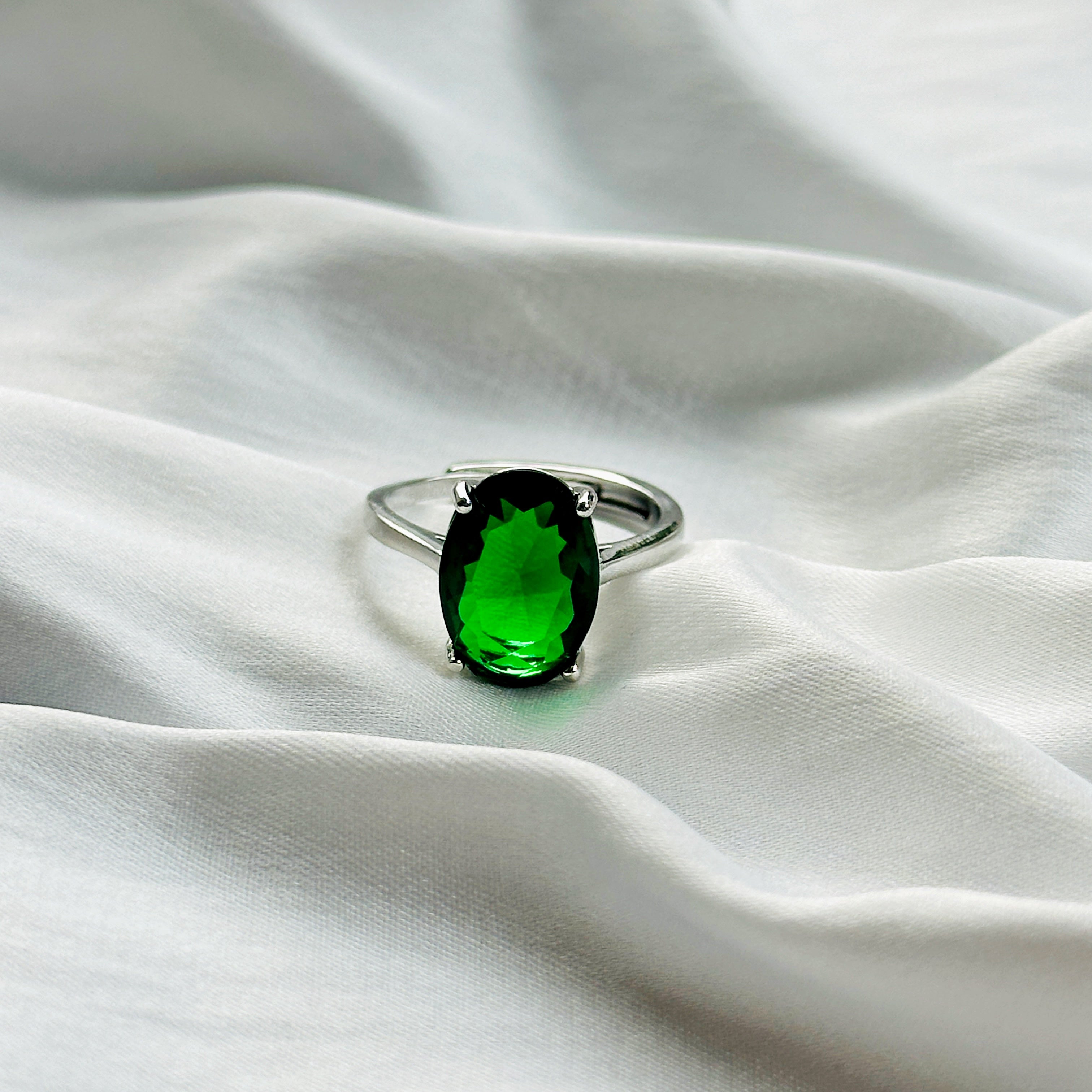 Green Emerald Cubic Zircon Ice Cut Stone Silver Plated Adjustable Ring