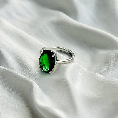Green Emerald Cubic Zircon Ice Cut Stone Silver Plated Adjustable Ring