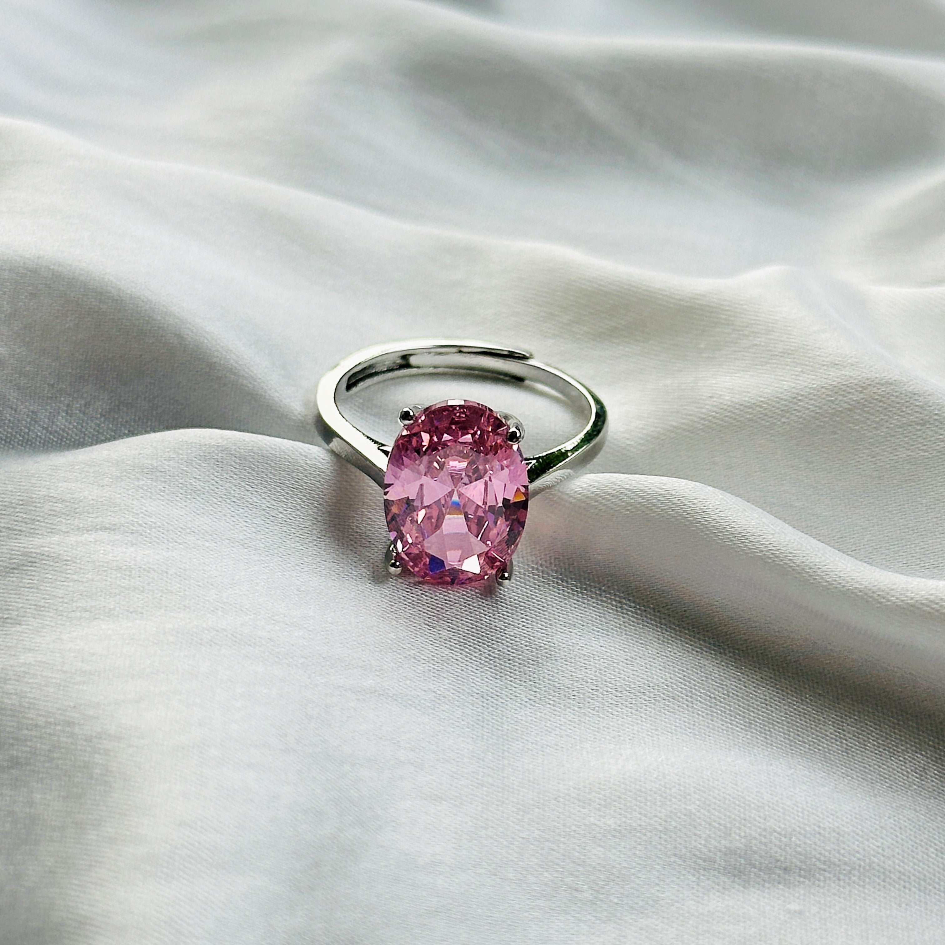 Pink Topaz Cubic Zircon Ice Cut Stone Silver Plated Adjustable Ring
