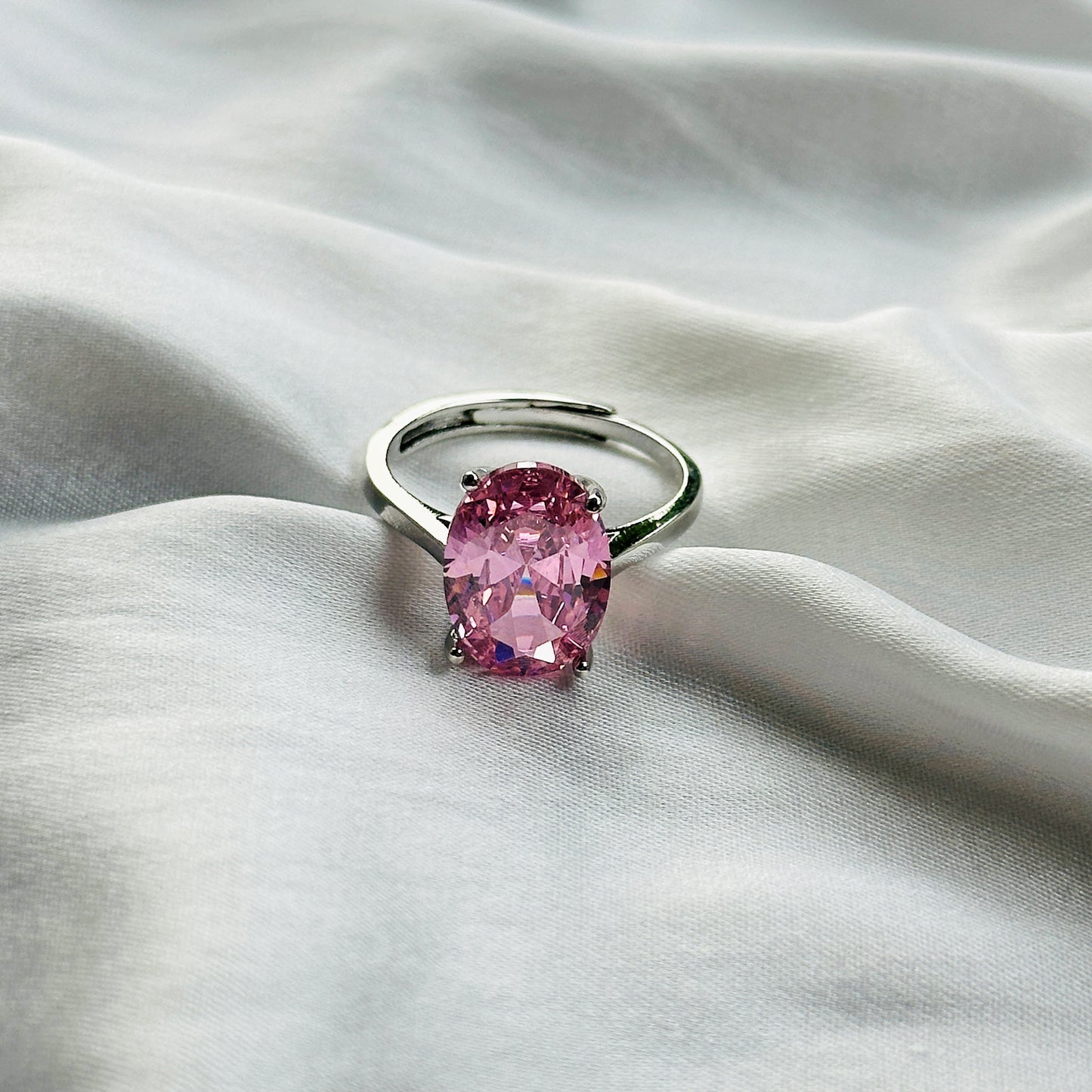 Pink Topaz Cubic Zircon Ice Cut Stone Silver Plated Adjustable Ring