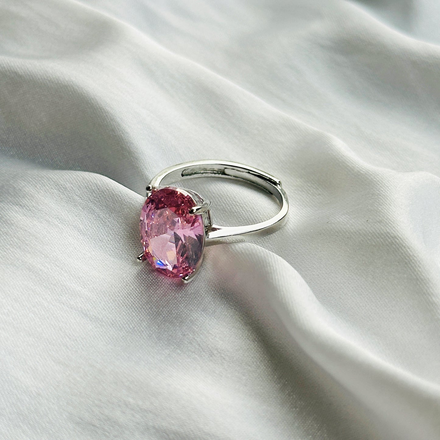 Pink Topaz Cubic Zircon Ice Cut Stone Silver Plated Adjustable Ring