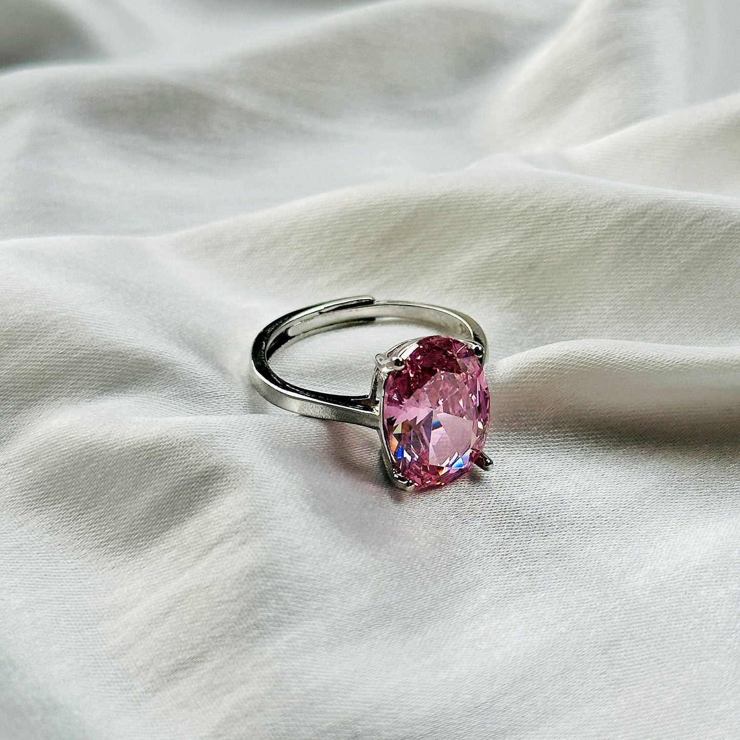 Pink Topaz Cubic Zircon Ice Cut Stone Silver Plated Adjustable Ring