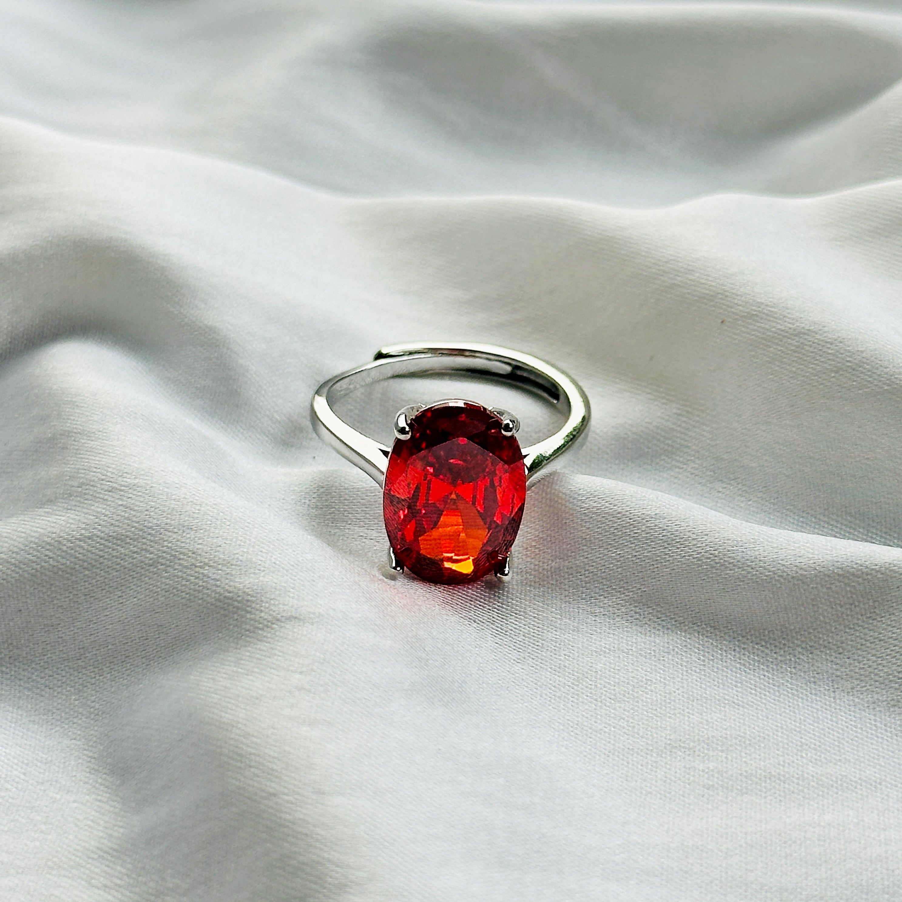 Red Ruby Cubic Zircon Ice Cut Stone Silver Plated Adjustable Ring