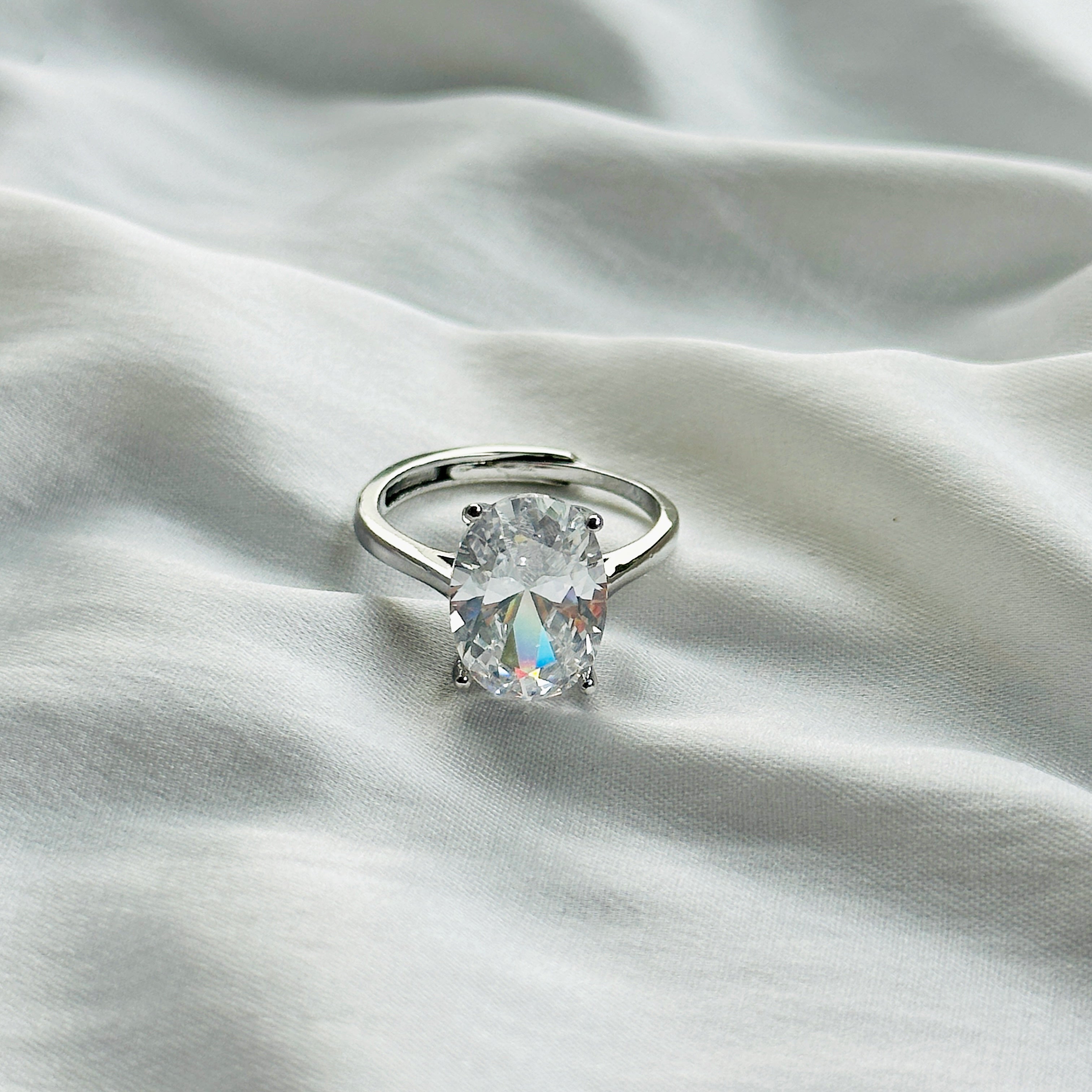 American Diamond Ice Cut Stone Silver Plated Adjustable Ring