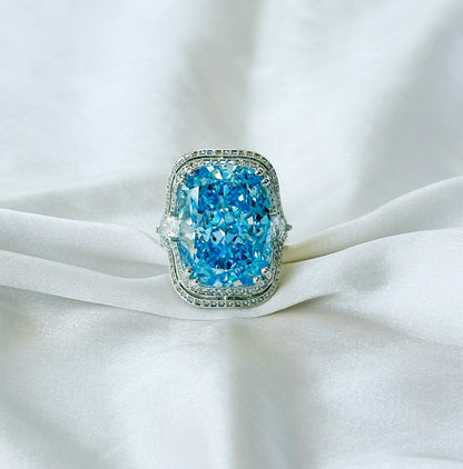 Aqua Blue Sapphire Cubic Zirconia Ice Cut American Diamond Silver Plated Adjustable Ring