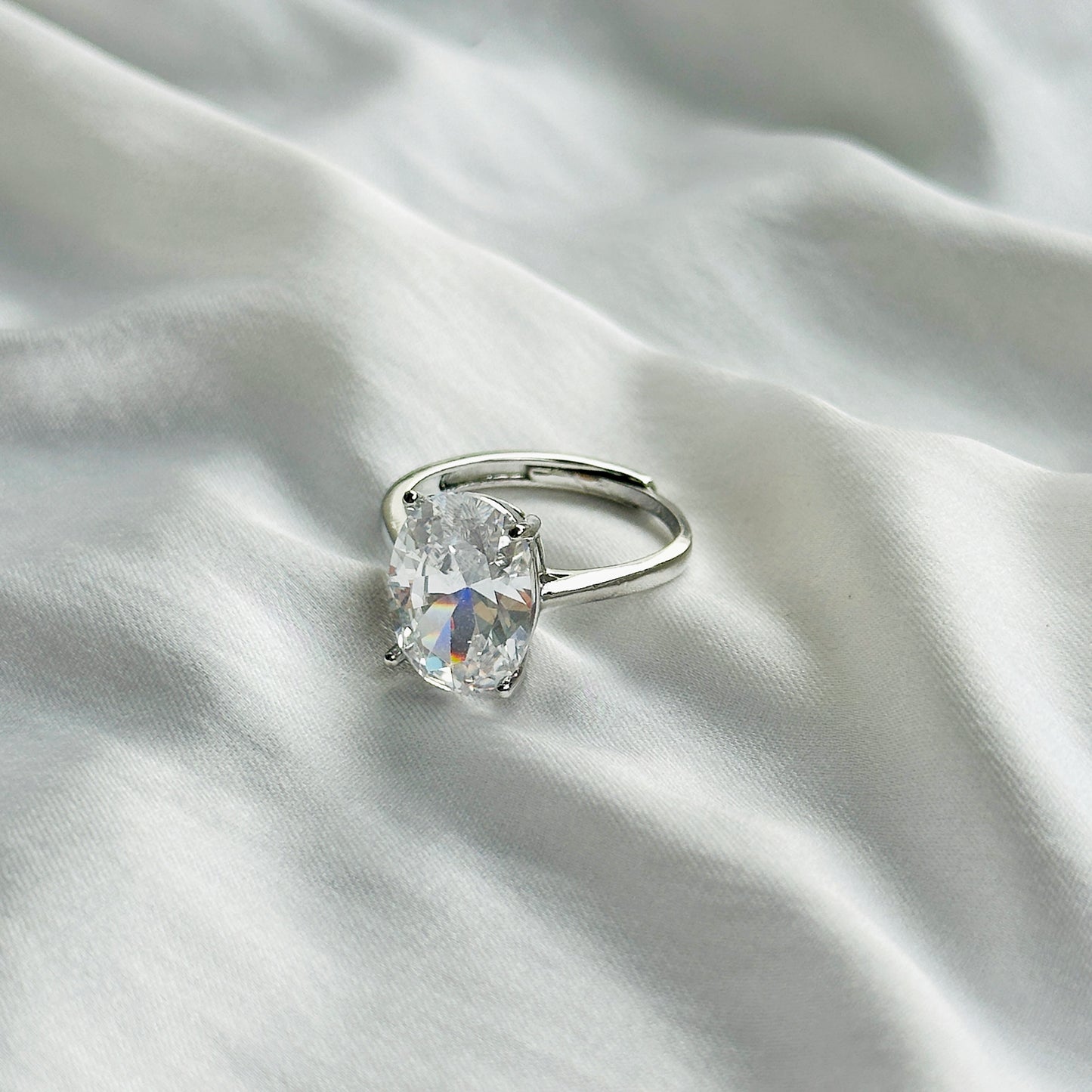 American Diamond Ice Cut Stone Silver Plated Adjustable Ring