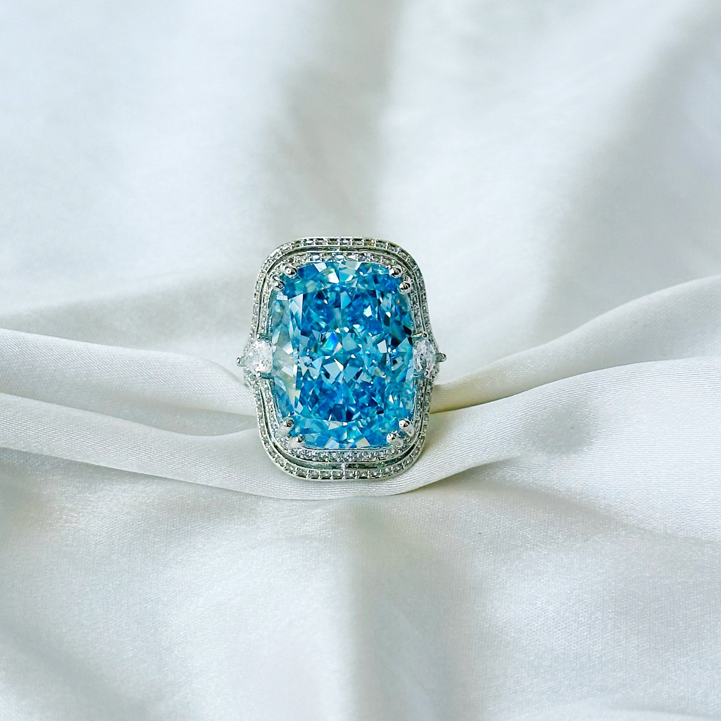 Aqua Blue Sapphire Cubic Zirconia Ice Cut American Diamond Silver Plated Adjustable Ring