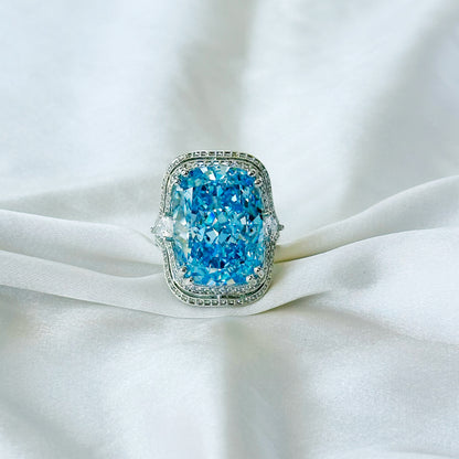 Aqua Blue Sapphire Cubic Zirconia Ice Cut American Diamond Silver Plated Adjustable Ring
