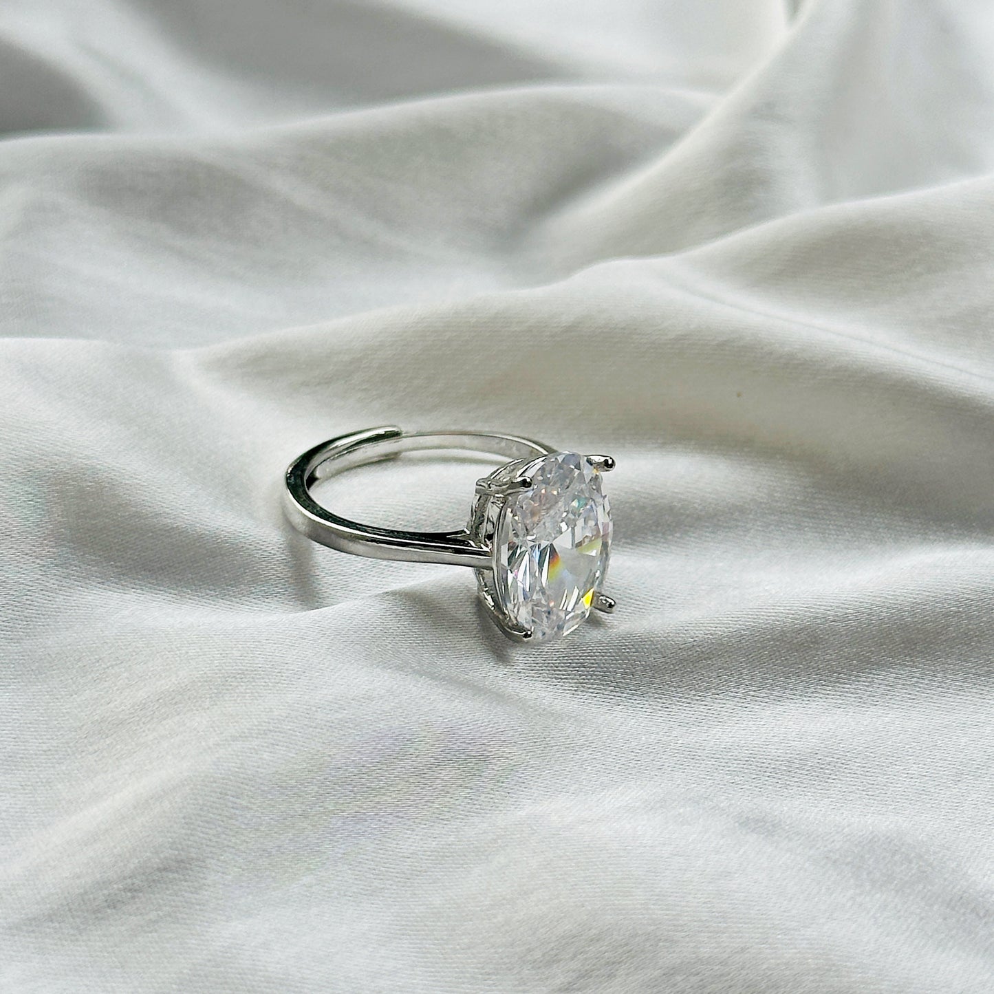 American Diamond Ice Cut Stone Silver Plated Adjustable Ring