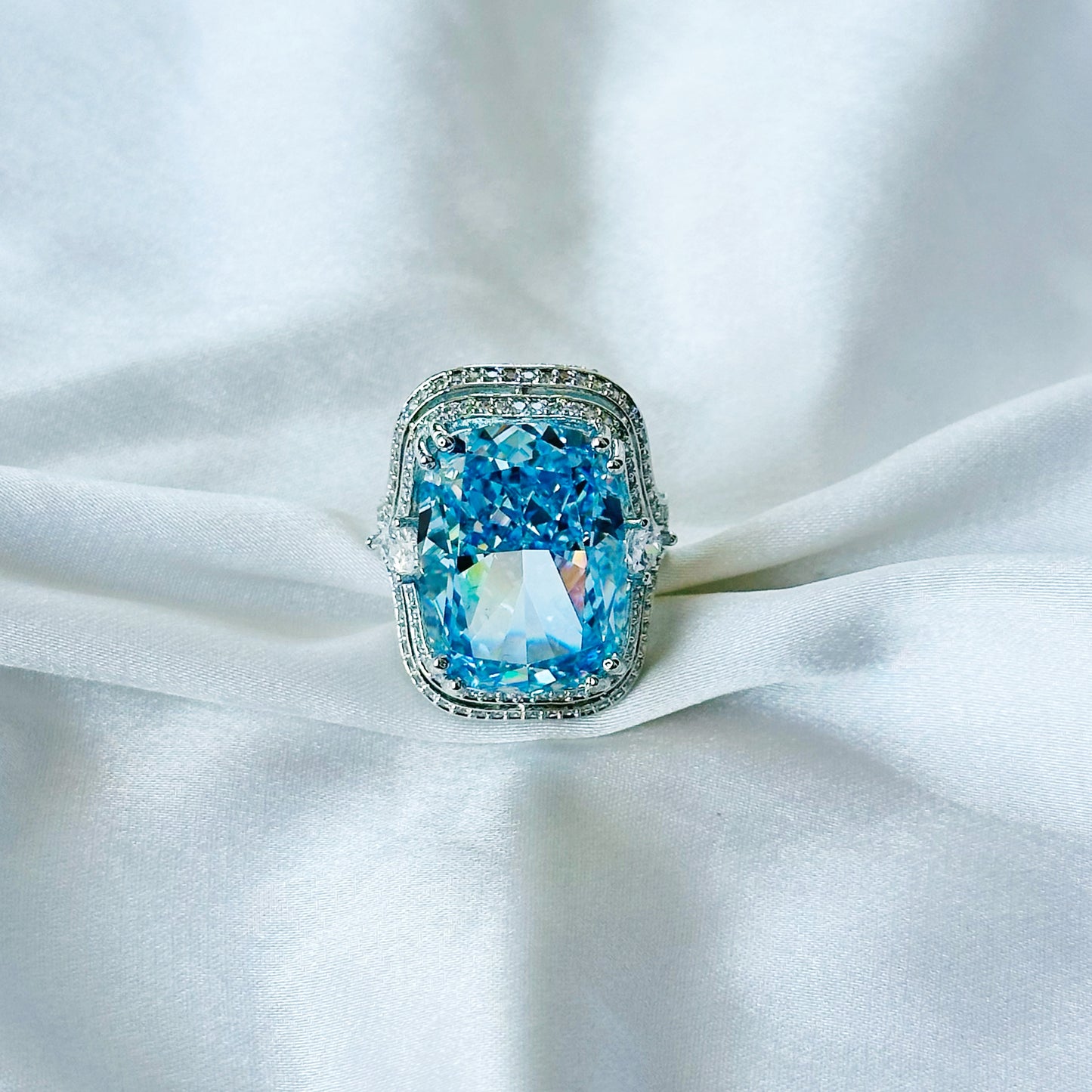 Aqua Blue Sapphire Cubic Zirconia Ice Cut American Diamond Silver Plated Adjustable Ring