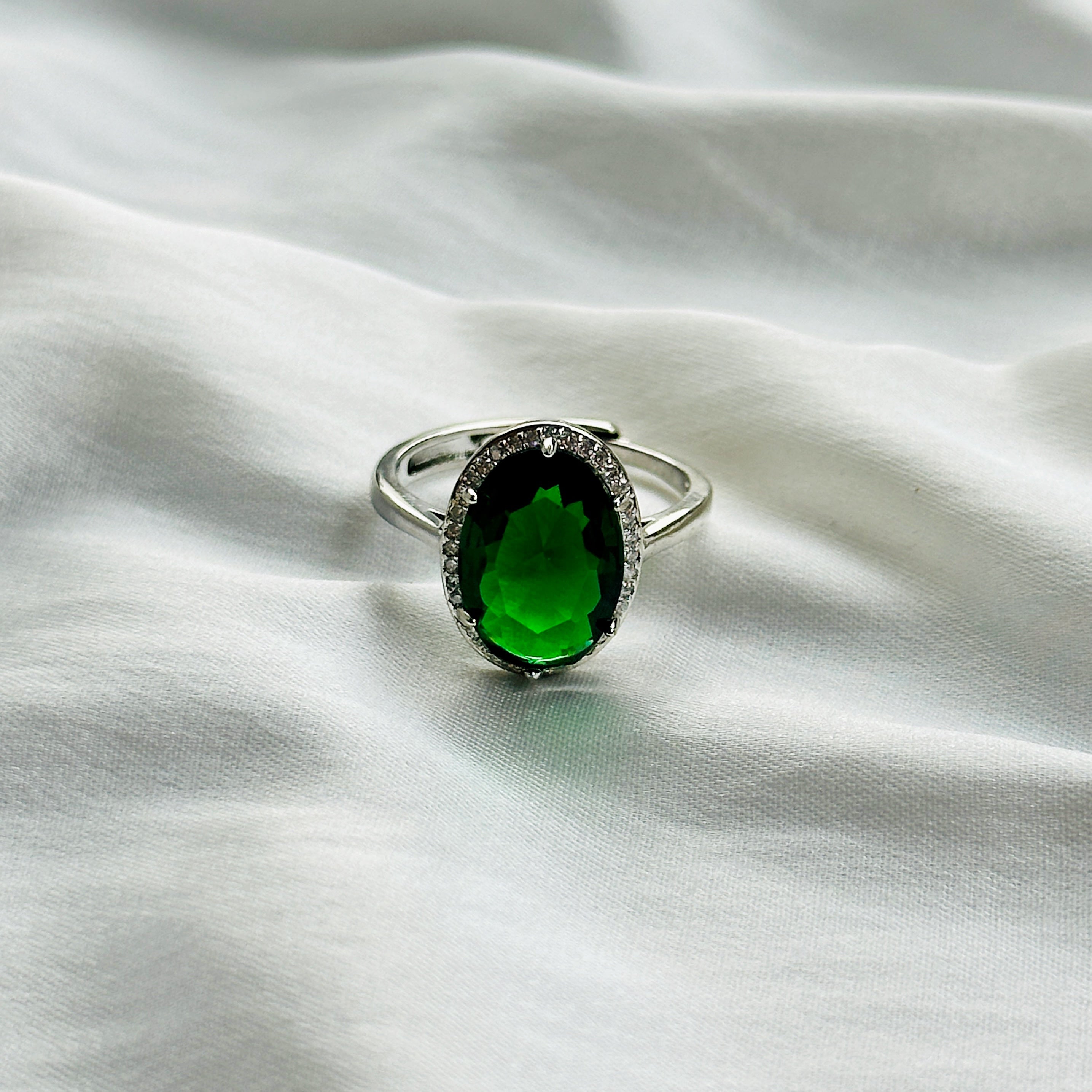 Green Emerald Cubic Zircon Ice Cut Stone American Diamond Silver Plated Adjustable Ring