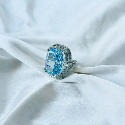 Aqua Blue Sapphire Cubic Zirconia Ice Cut American Diamond Silver Plated Adjustable Ring