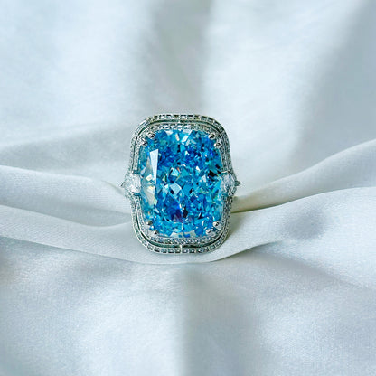 Aqua Blue Sapphire Cubic Zirconia Ice Cut American Diamond Silver Plated Adjustable Ring