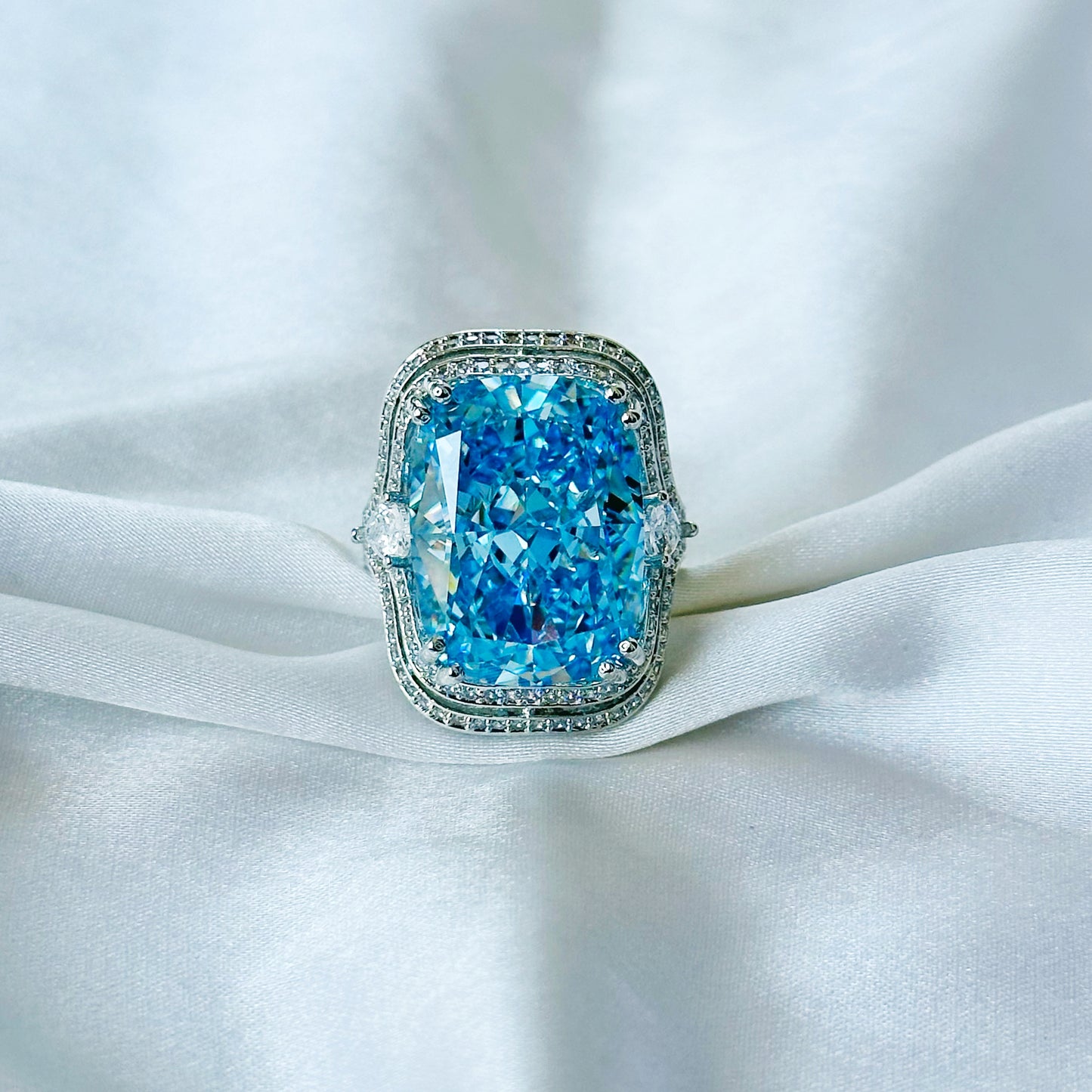 Aqua Blue Sapphire Cubic Zirconia Ice Cut American Diamond Silver Plated Adjustable Ring