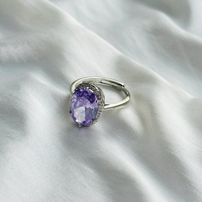 Light Amethyst Cubic Zircon Ice Cut Stone American Diamond Silver Plated Adjustable Ring