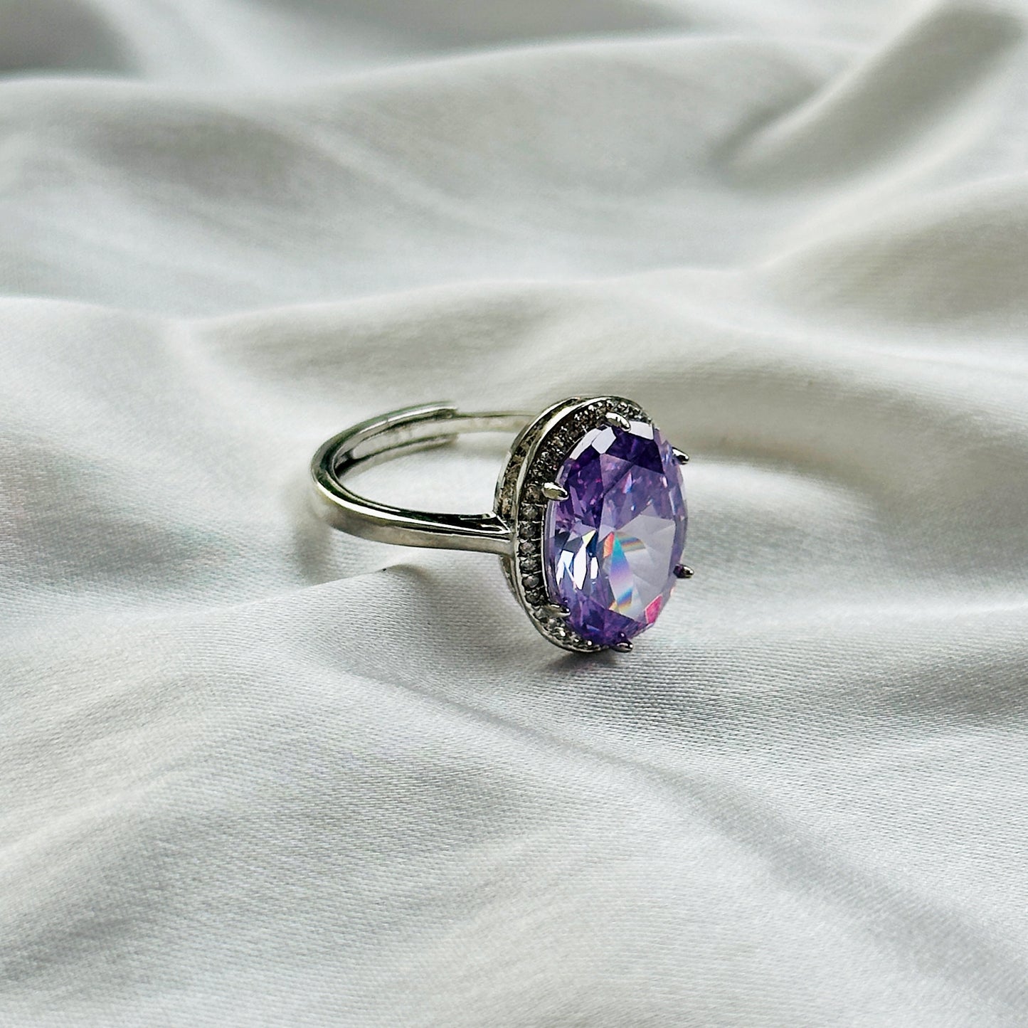 Light Amethyst Cubic Zircon Ice Cut Stone American Diamond Silver Plated Adjustable Ring