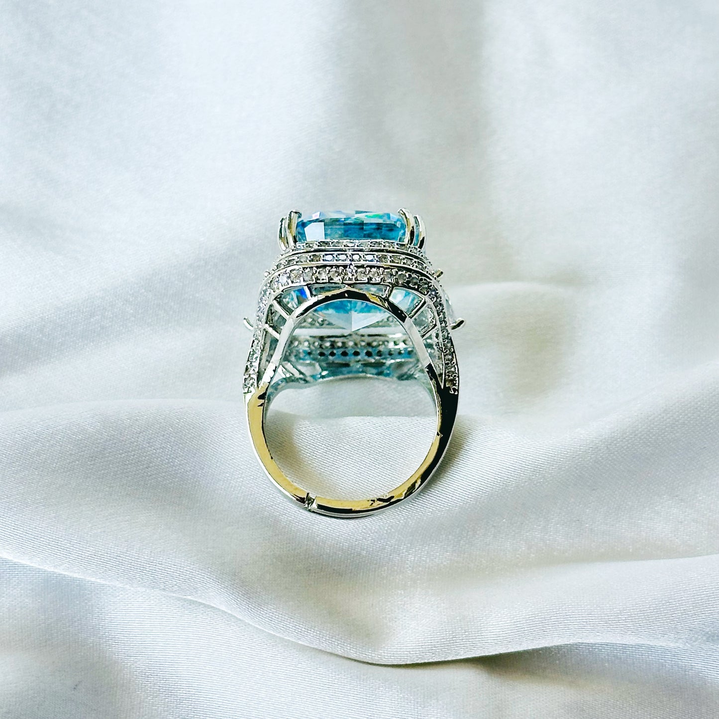 Aqua Blue Sapphire Cubic Zirconia Ice Cut American Diamond Silver Plated Adjustable Ring