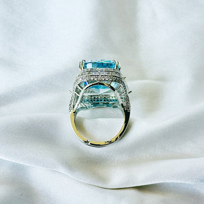 Aqua Blue Sapphire Cubic Zirconia Ice Cut American Diamond Silver Plated Adjustable Ring
