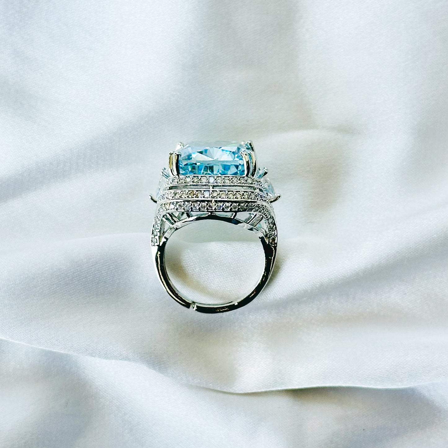 Aqua Blue Sapphire Cubic Zirconia Ice Cut American Diamond Silver Plated Adjustable Ring