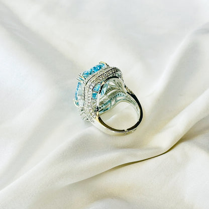 Aqua Blue Sapphire Cubic Zirconia Ice Cut American Diamond Silver Plated Adjustable Ring