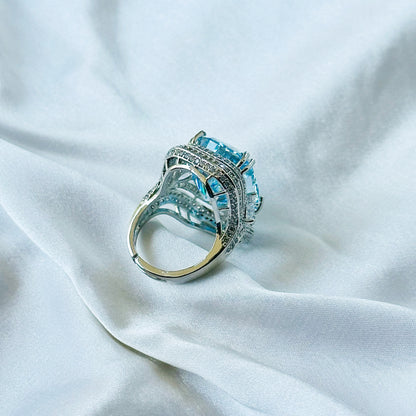 Aqua Blue Sapphire Cubic Zirconia Ice Cut American Diamond Silver Plated Adjustable Ring