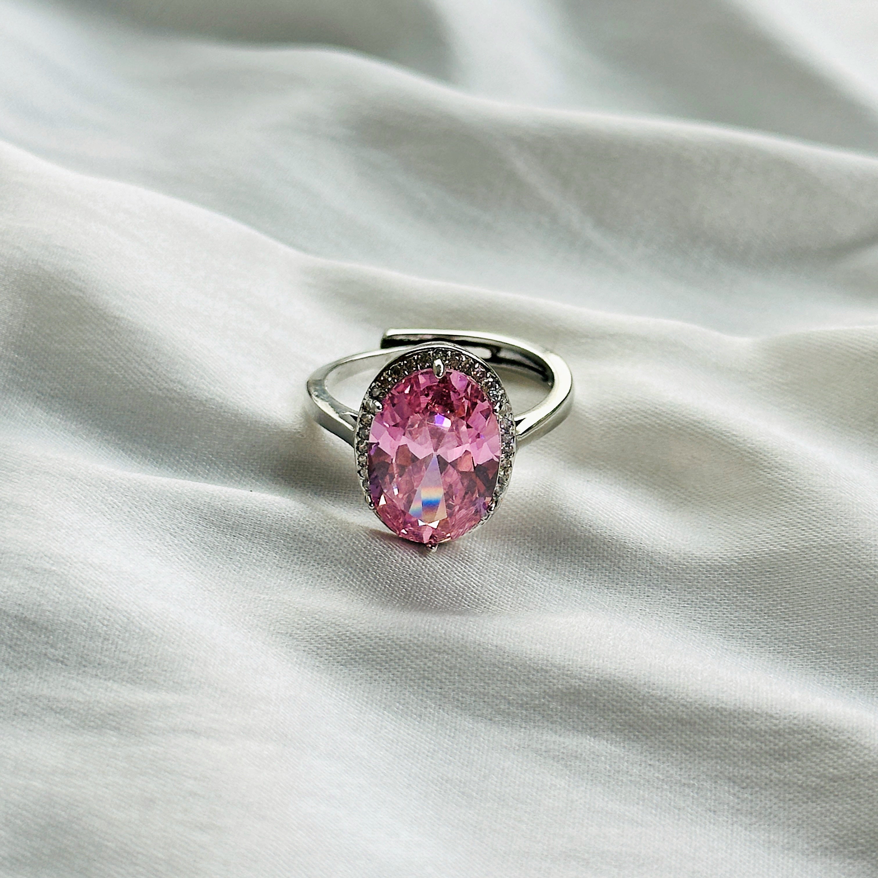 Pink Topaz Cubic Zircon Ice Cut Stone American Diamond Silver Plated Adjustable Ring