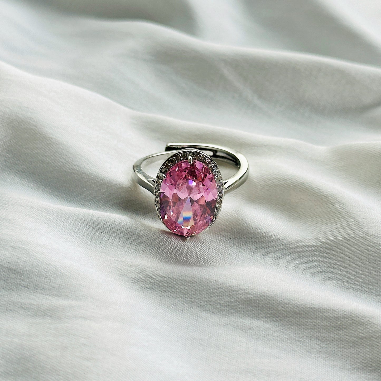 Pink Topaz Cubic Zircon Ice Cut Stone American Diamond Silver Plated Adjustable Ring