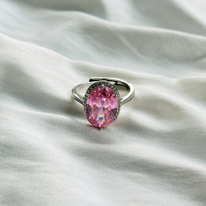 Pink Topaz Cubic Zircon Ice Cut Stone American Diamond Silver Plated Adjustable Ring