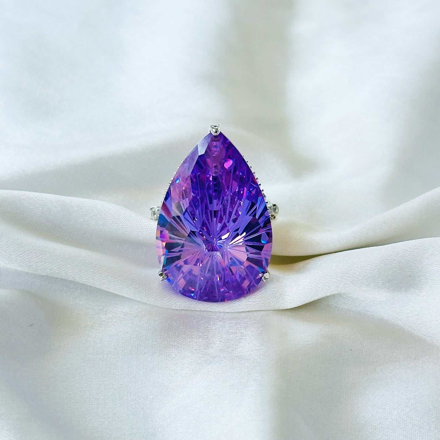 Purple Amethyst Cubic Zirconia Ice Cut American Diamond Silver Plated Adjustable Ring