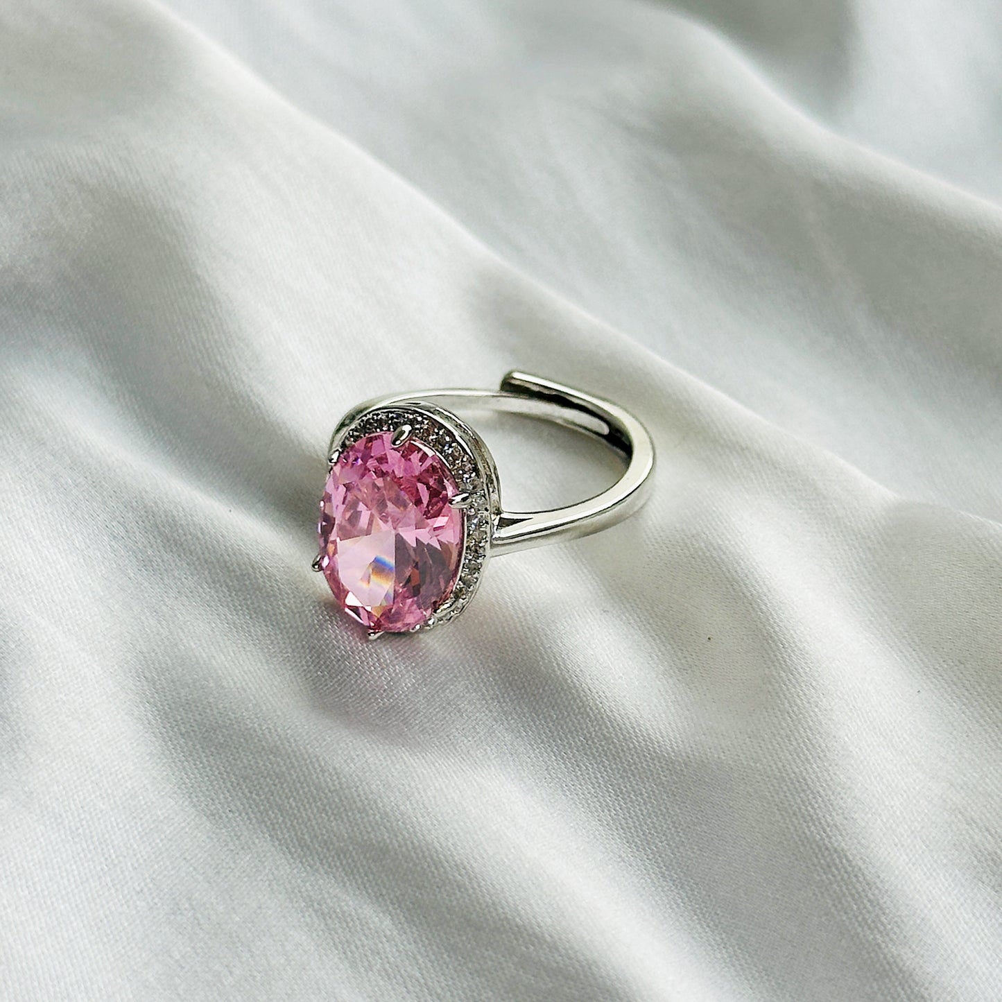 Pink Topaz Cubic Zircon Ice Cut Stone American Diamond Silver Plated Adjustable Ring