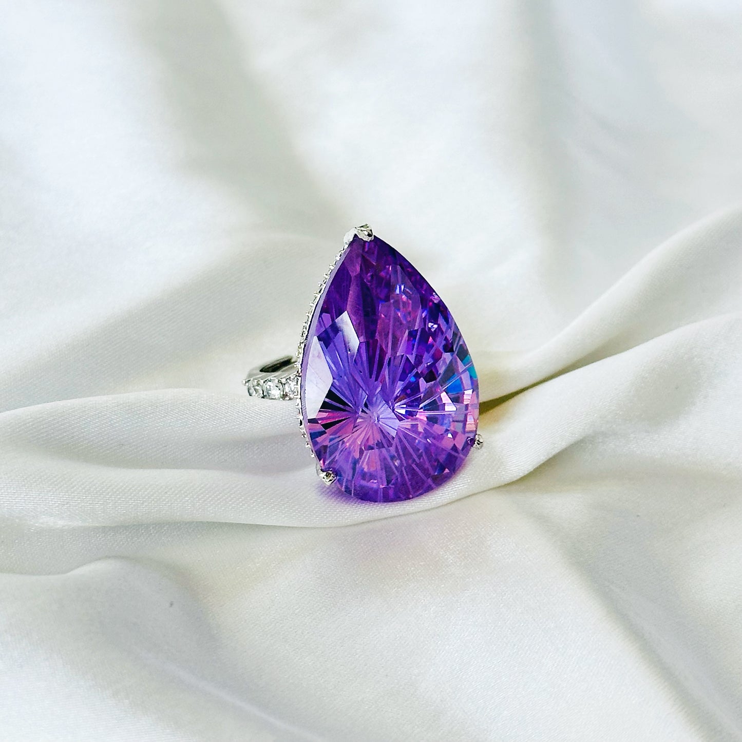 Purple Amethyst Cubic Zirconia Ice Cut American Diamond Silver Plated Adjustable Ring