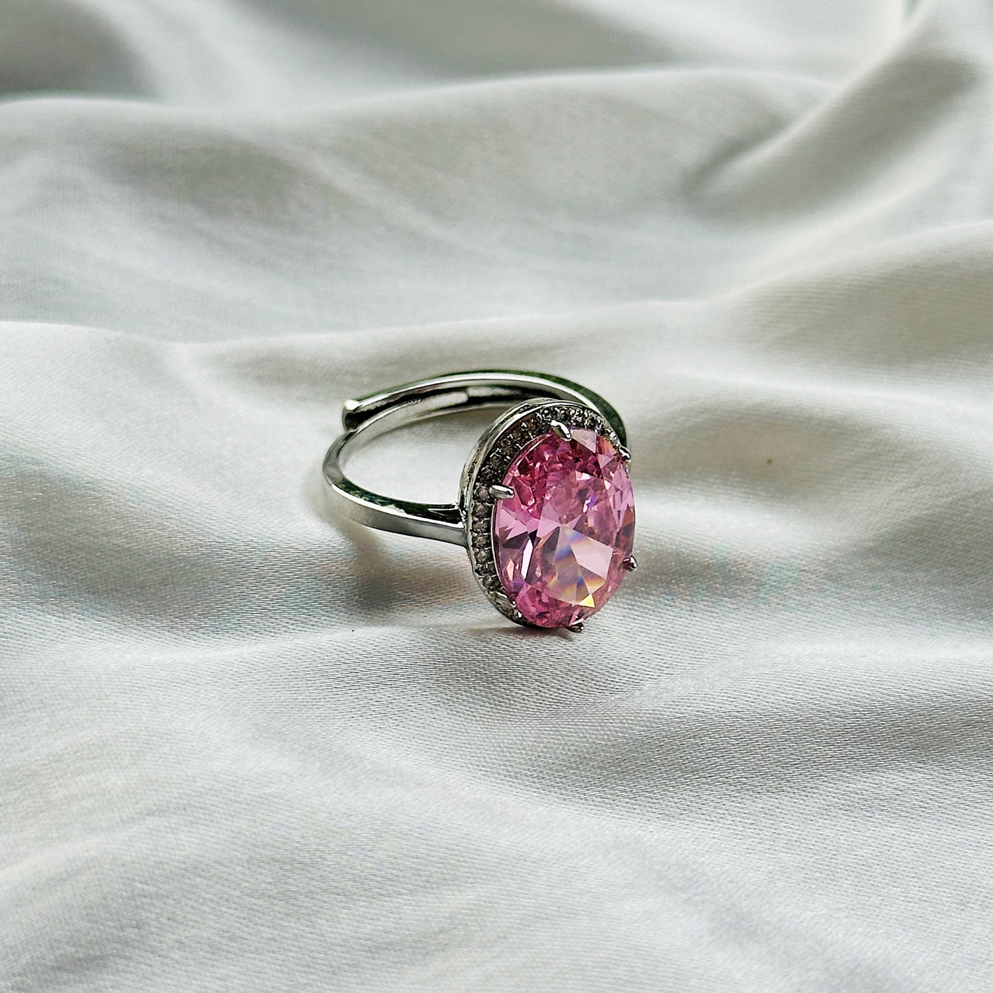 Pink Topaz Cubic Zircon Ice Cut Stone American Diamond Silver Plated Adjustable Ring
