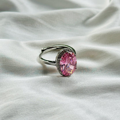 Pink Topaz Cubic Zircon Ice Cut Stone American Diamond Silver Plated Adjustable Ring