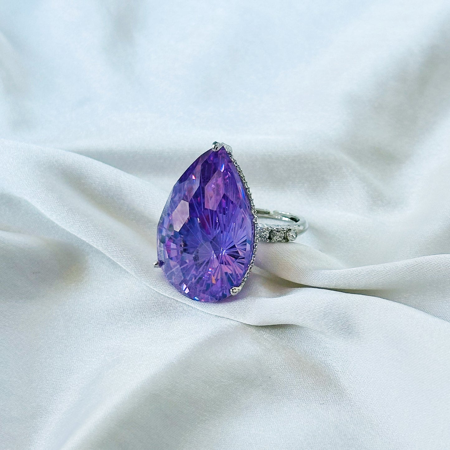 Purple Amethyst Cubic Zirconia Ice Cut American Diamond Silver Plated Adjustable Ring