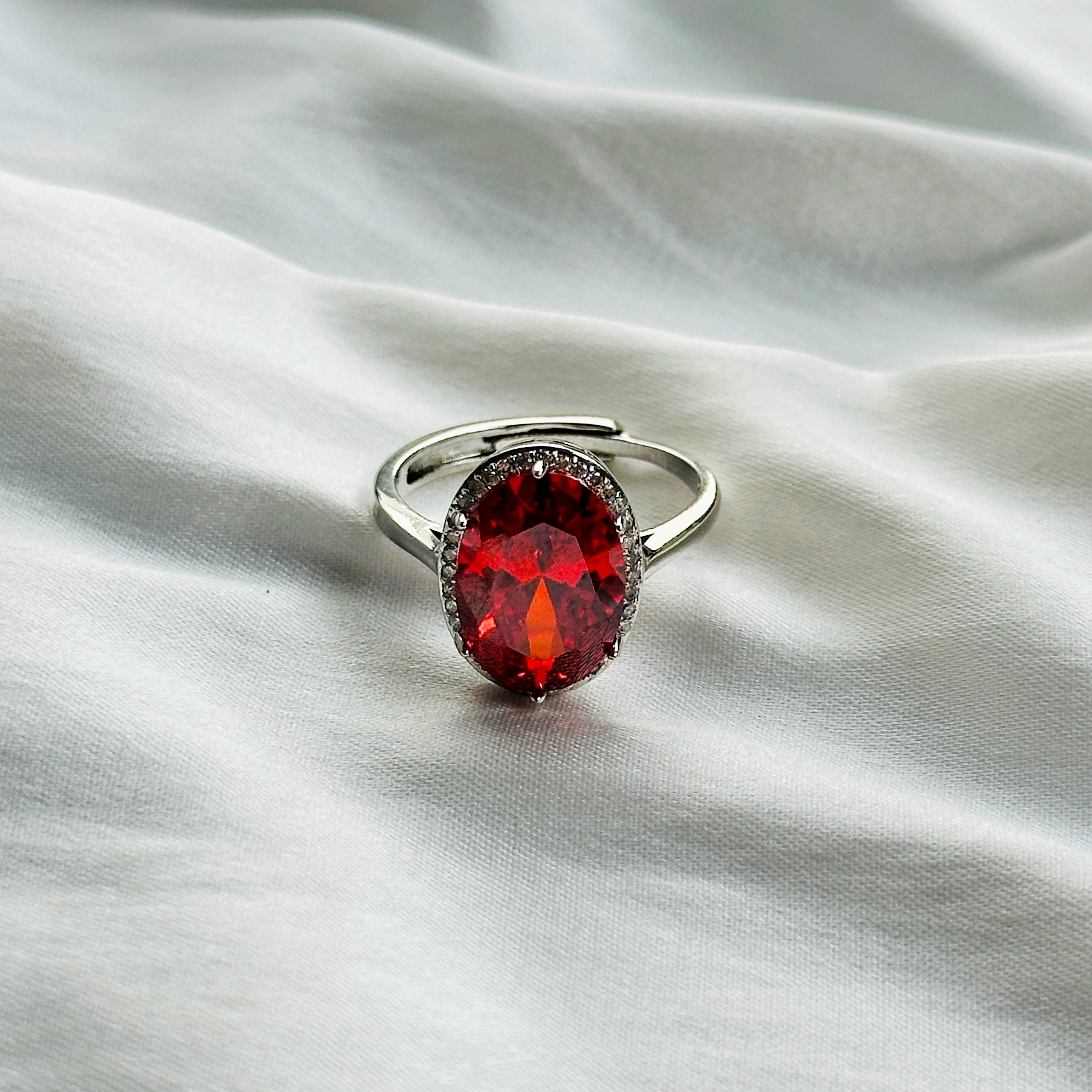 Red Ruby Cubic Zircon Ice Cut Stone American Diamond Silver Plated Adjustable Ring