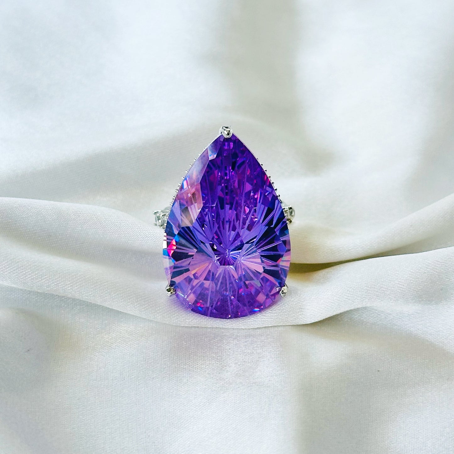 Purple Amethyst Cubic Zirconia Ice Cut American Diamond Silver Plated Adjustable Ring