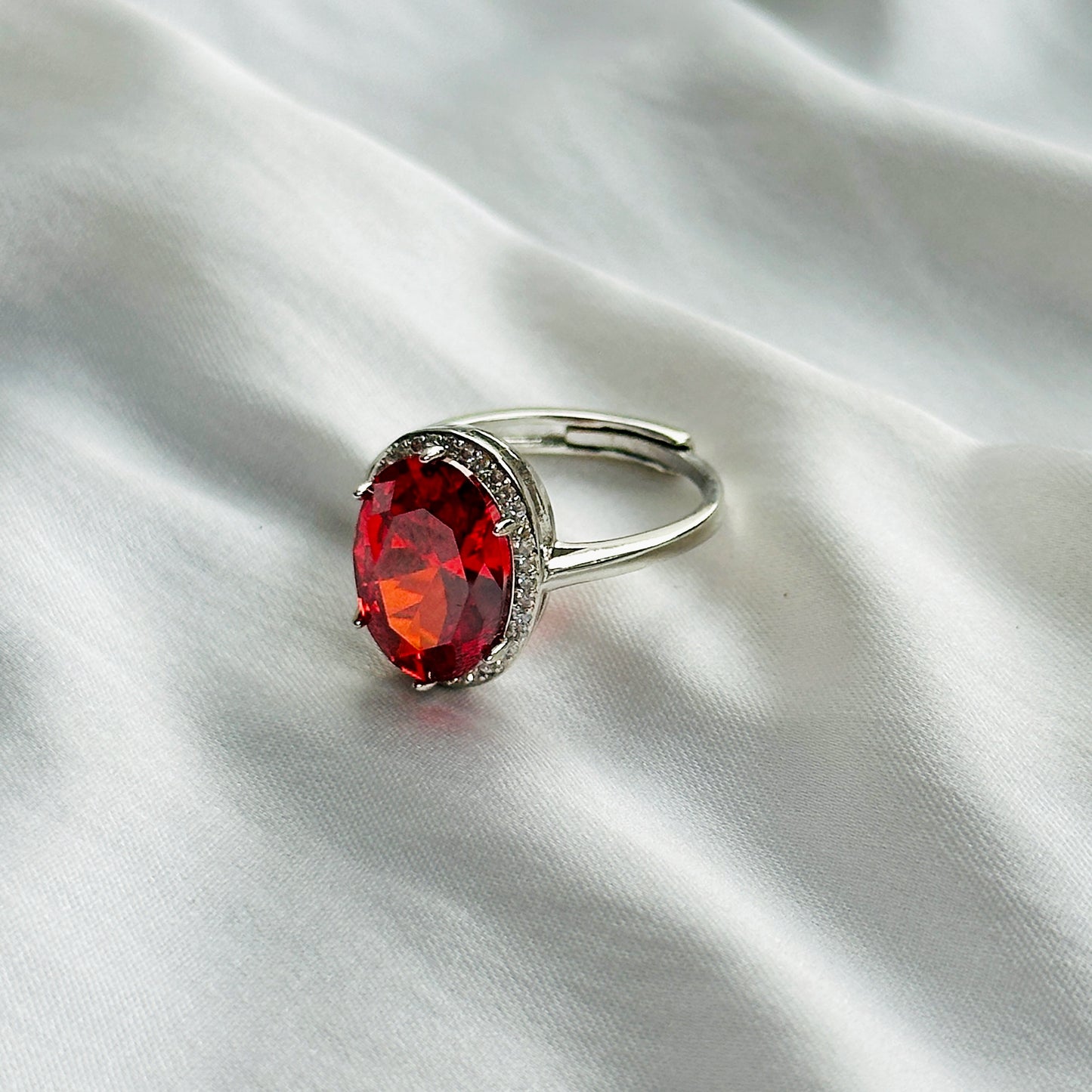 Red Ruby Cubic Zircon Ice Cut Stone American Diamond Silver Plated Adjustable Ring