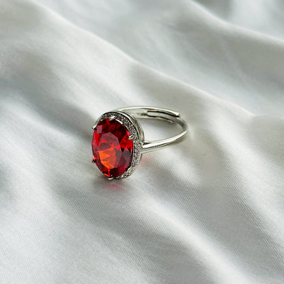 Red Ruby Cubic Zircon Ice Cut Stone American Diamond Silver Plated Adjustable Ring