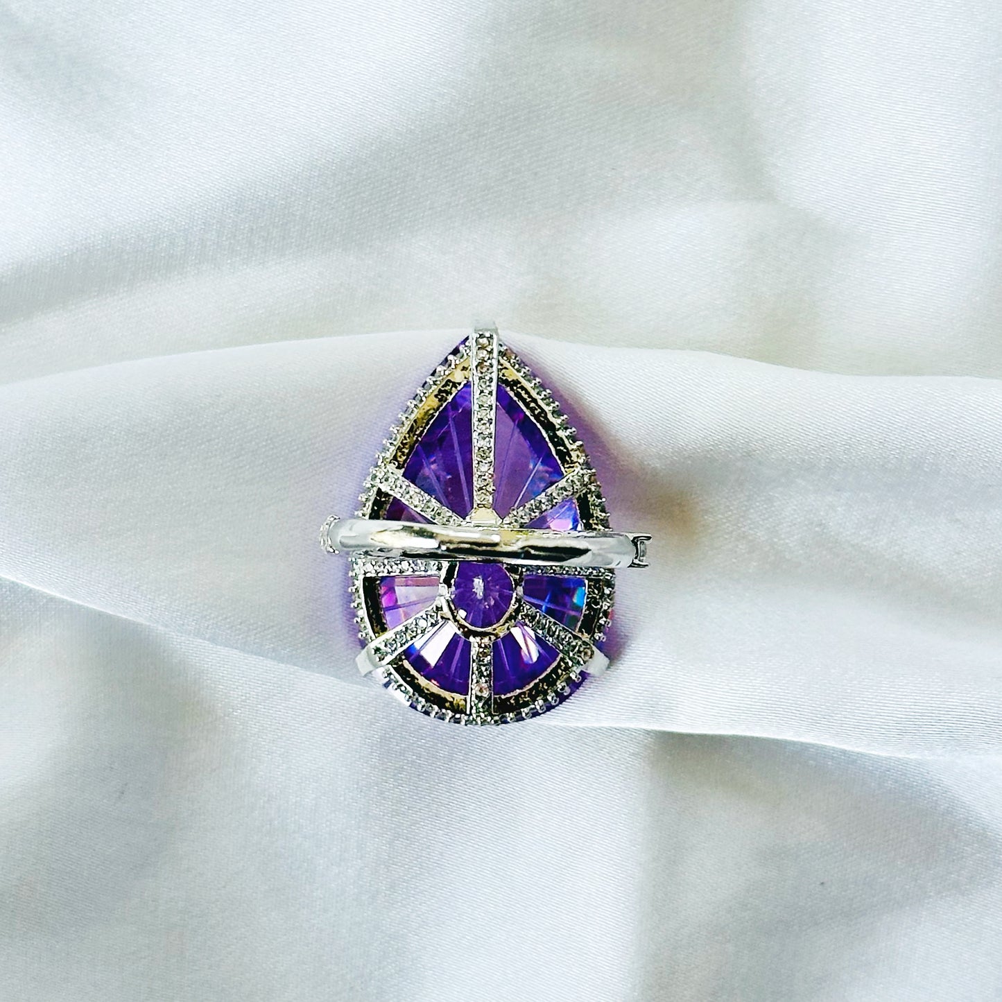 Purple Amethyst Cubic Zirconia Ice Cut American Diamond Silver Plated Adjustable Ring