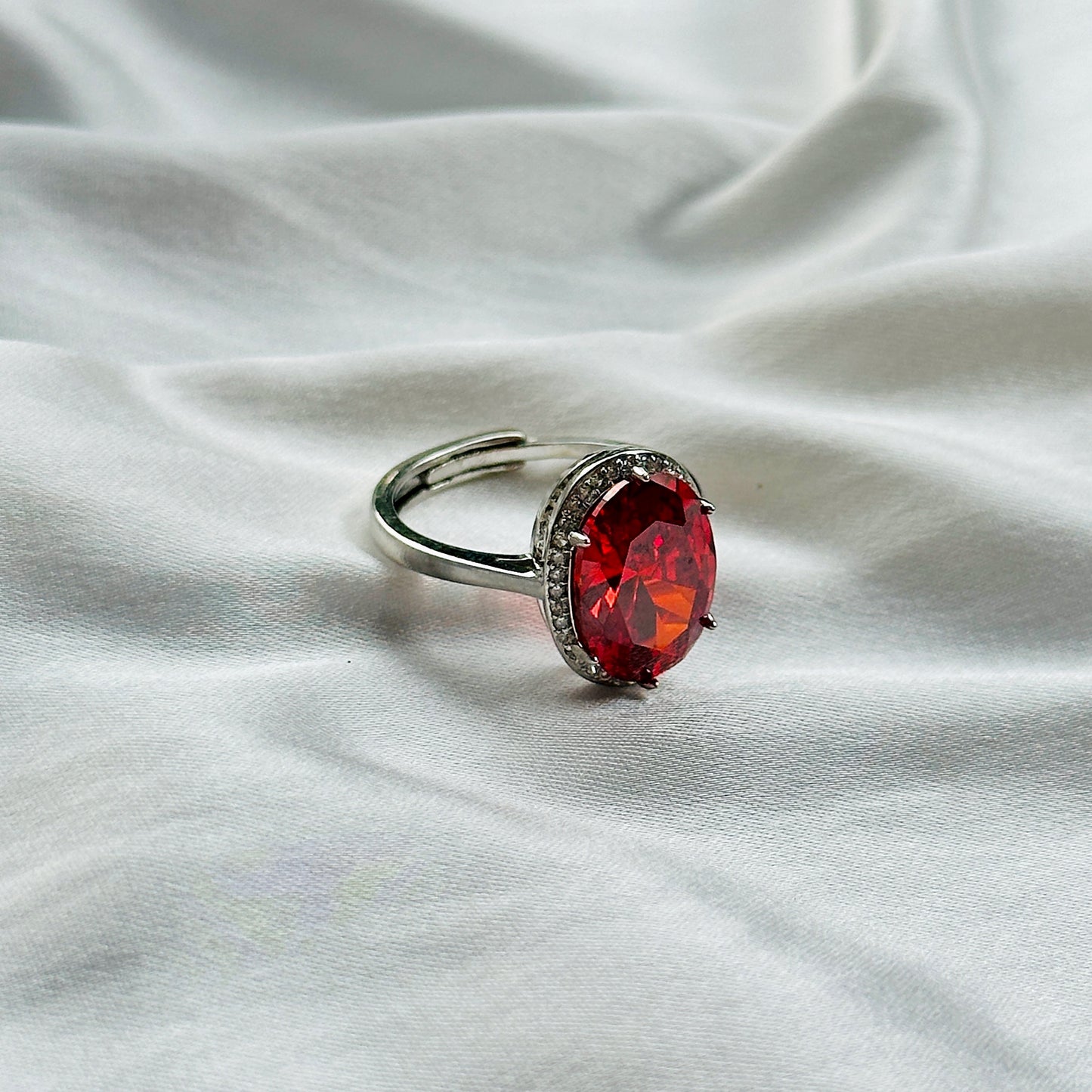 Red Ruby Cubic Zircon Ice Cut Stone American Diamond Silver Plated Adjustable Ring