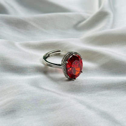 Red Ruby Cubic Zircon Ice Cut Stone American Diamond Silver Plated Adjustable Ring