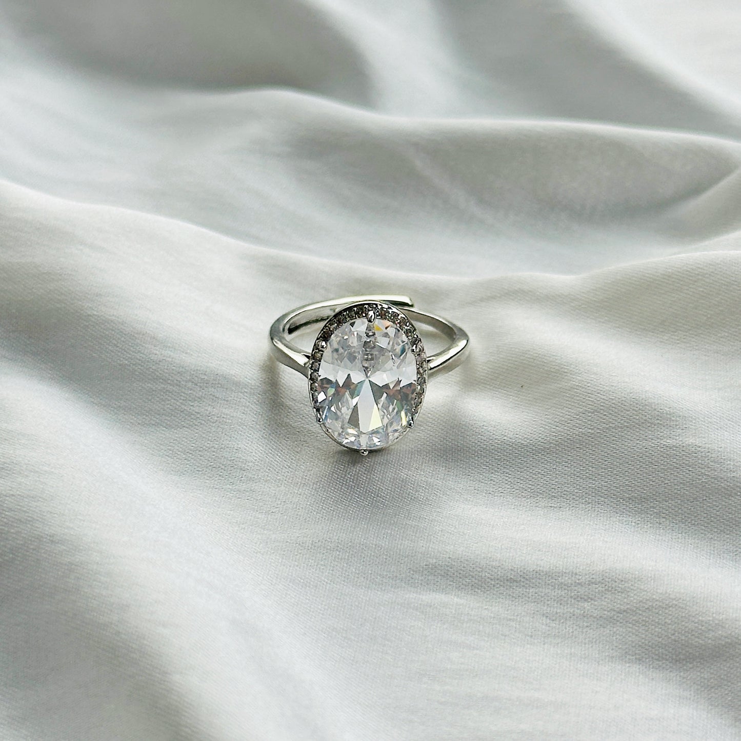 American Diamond Ice Cut Stone American Diamond Silver Plated Adjustable Ring