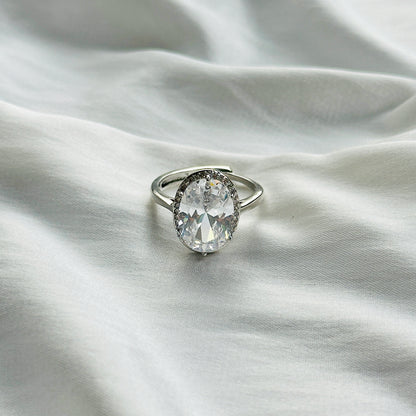 American Diamond Ice Cut Stone American Diamond Silver Plated Adjustable Ring