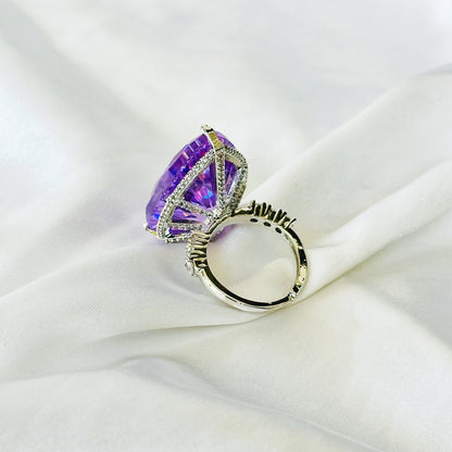 Purple Amethyst Cubic Zirconia Ice Cut American Diamond Silver Plated Adjustable Ring