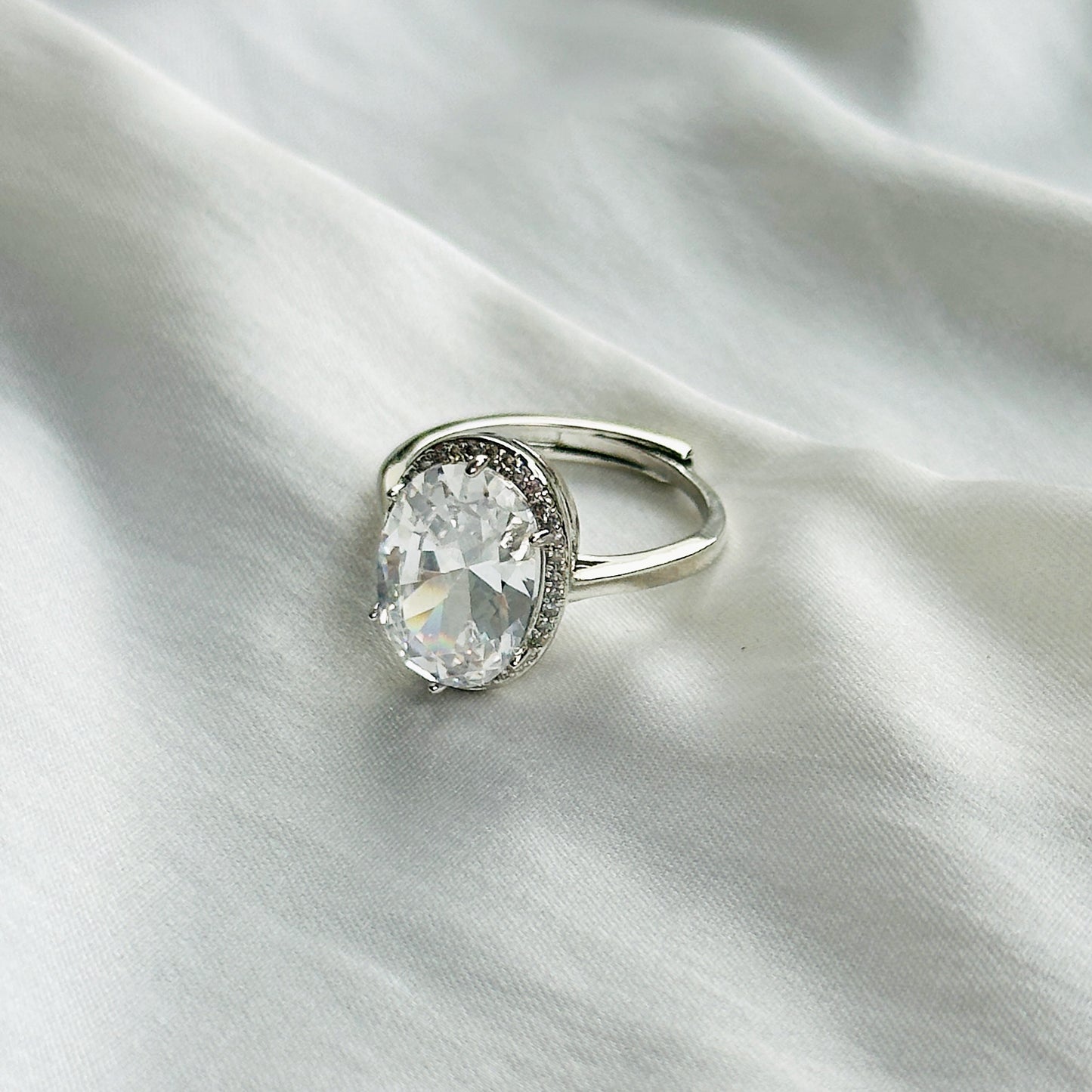 American Diamond Ice Cut Stone American Diamond Silver Plated Adjustable Ring