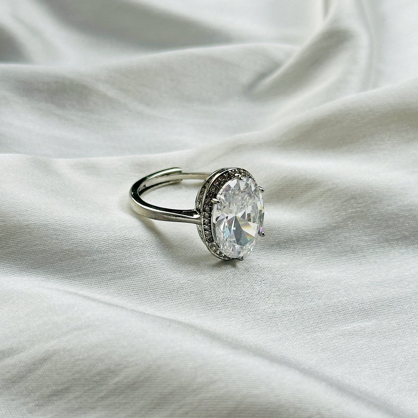 American Diamond Ice Cut Stone American Diamond Silver Plated Adjustable Ring