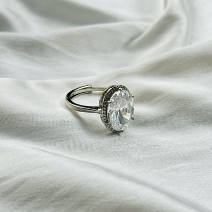 American Diamond Ice Cut Stone American Diamond Silver Plated Adjustable Ring